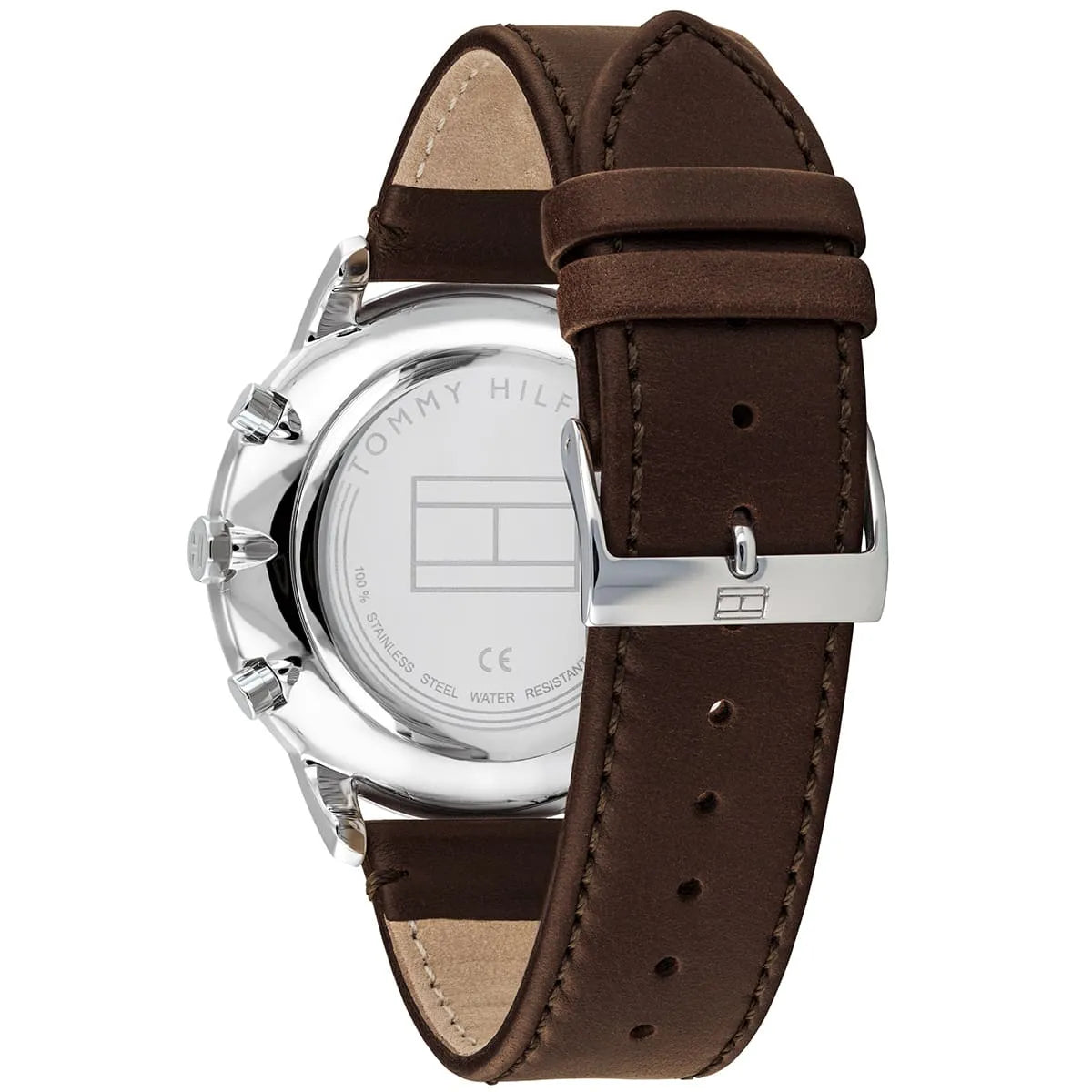 Tommy Hilfiger multi dial watch on wrist showing cream dial with brown leather strap