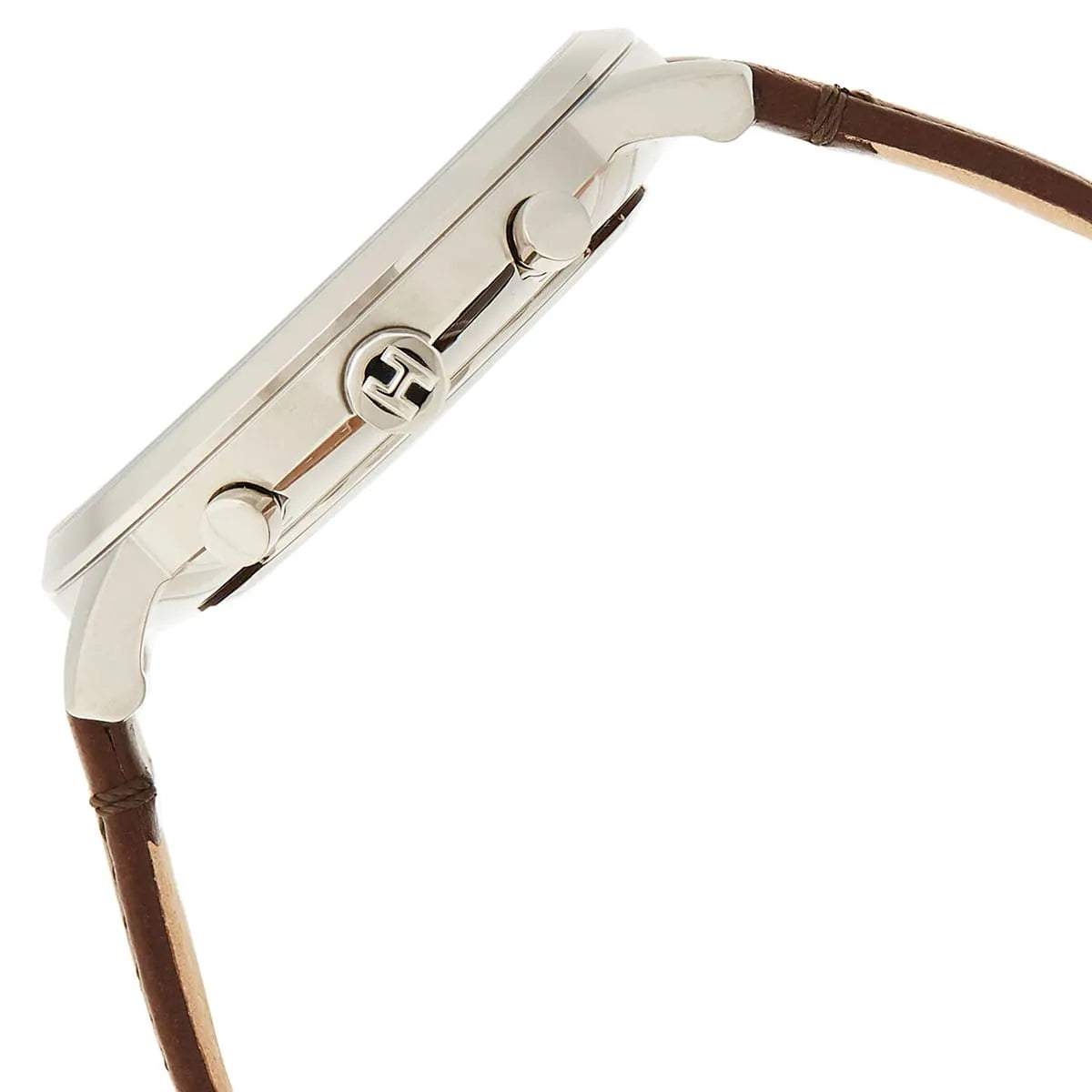 Tommy Hilfiger watch side profile showing silver case, pushers, and brown leather strap