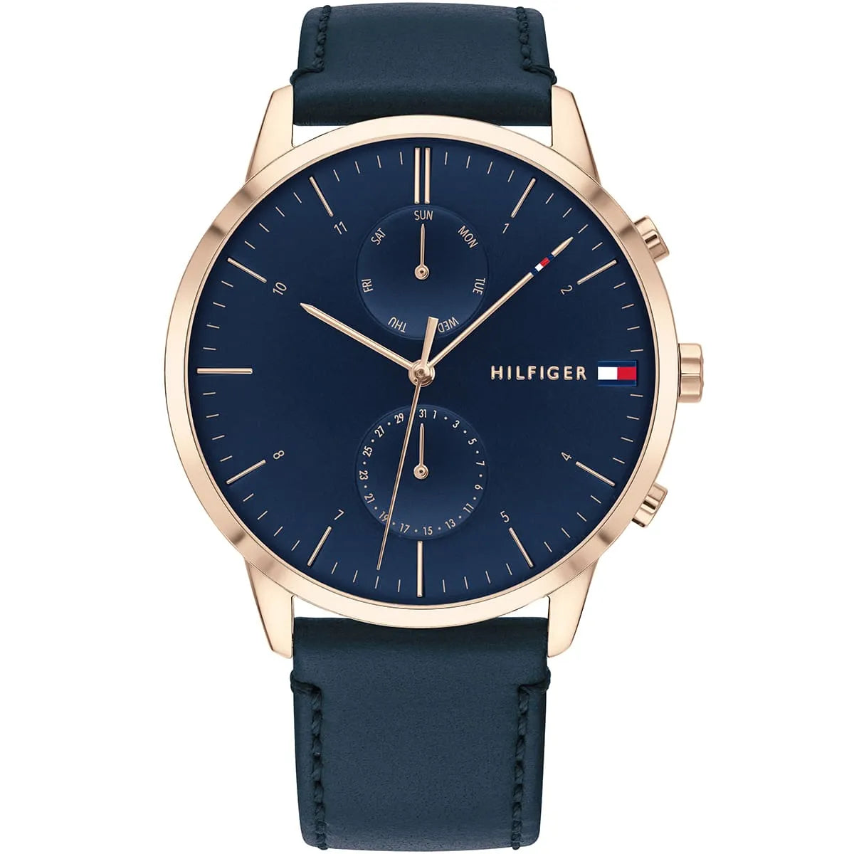 Tommy Hilfiger Hunter men's watch with blue dial, rose gold case, and navy leather strap