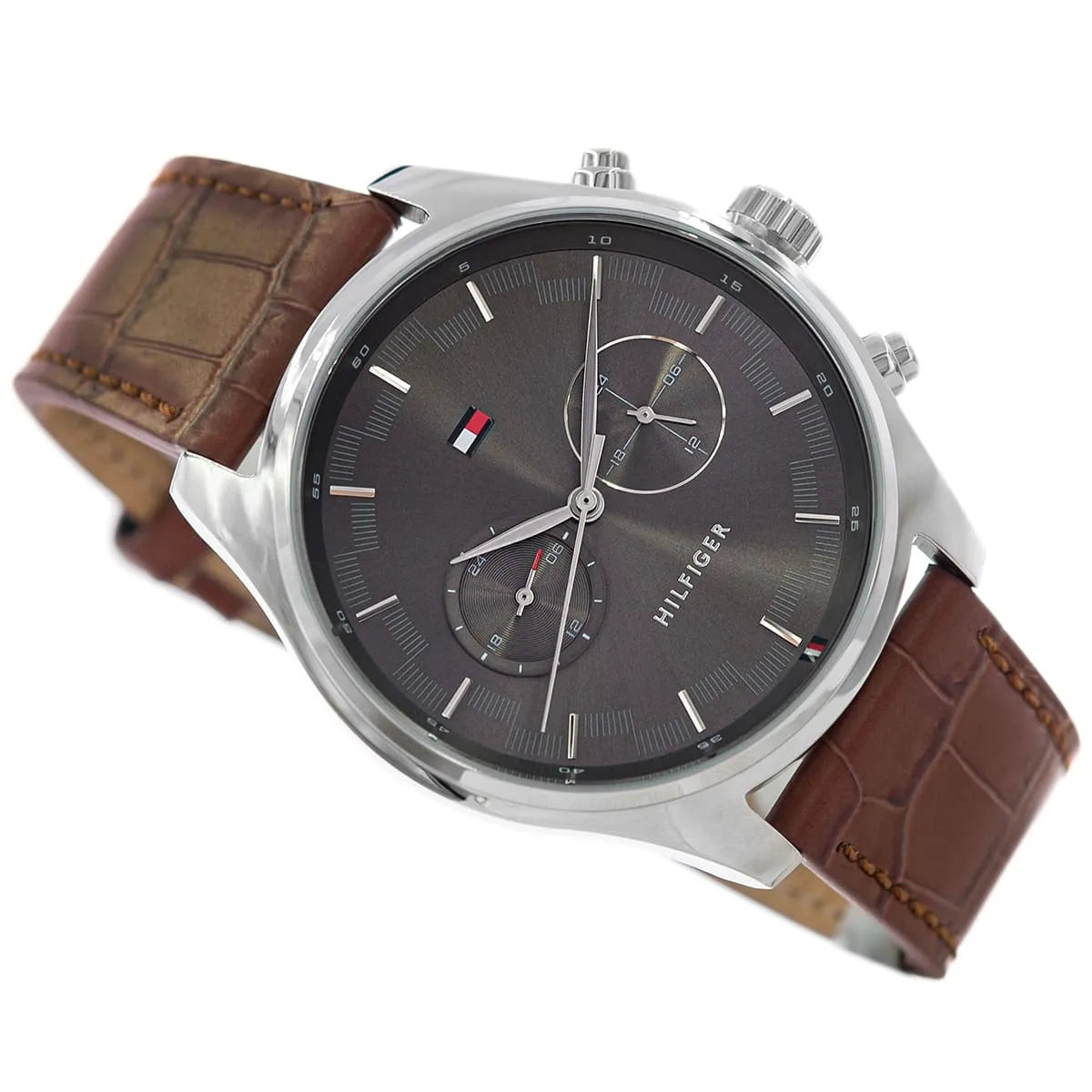 Tommy Hilfiger Sawyer watch angled view displaying gray dial with dual time subdials