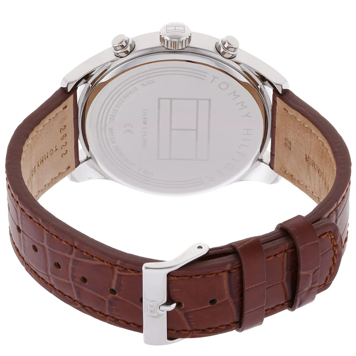 Tommy Hilfiger Sawyer caseback showing stainless steel back with croc-embossed brown strap