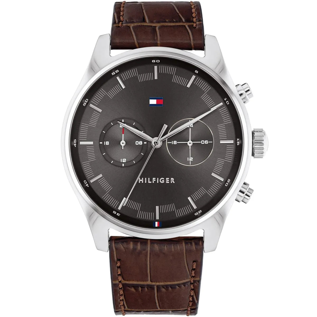 Tommy Hilfiger Sawyer men's watch with gray dial, dual time display, brown leather strap