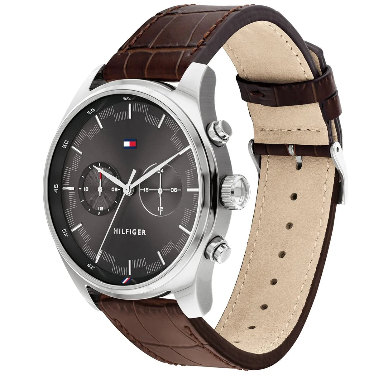 Tommy Hilfiger Sawyer watch worn on wrist showing gray dial and dual time complications