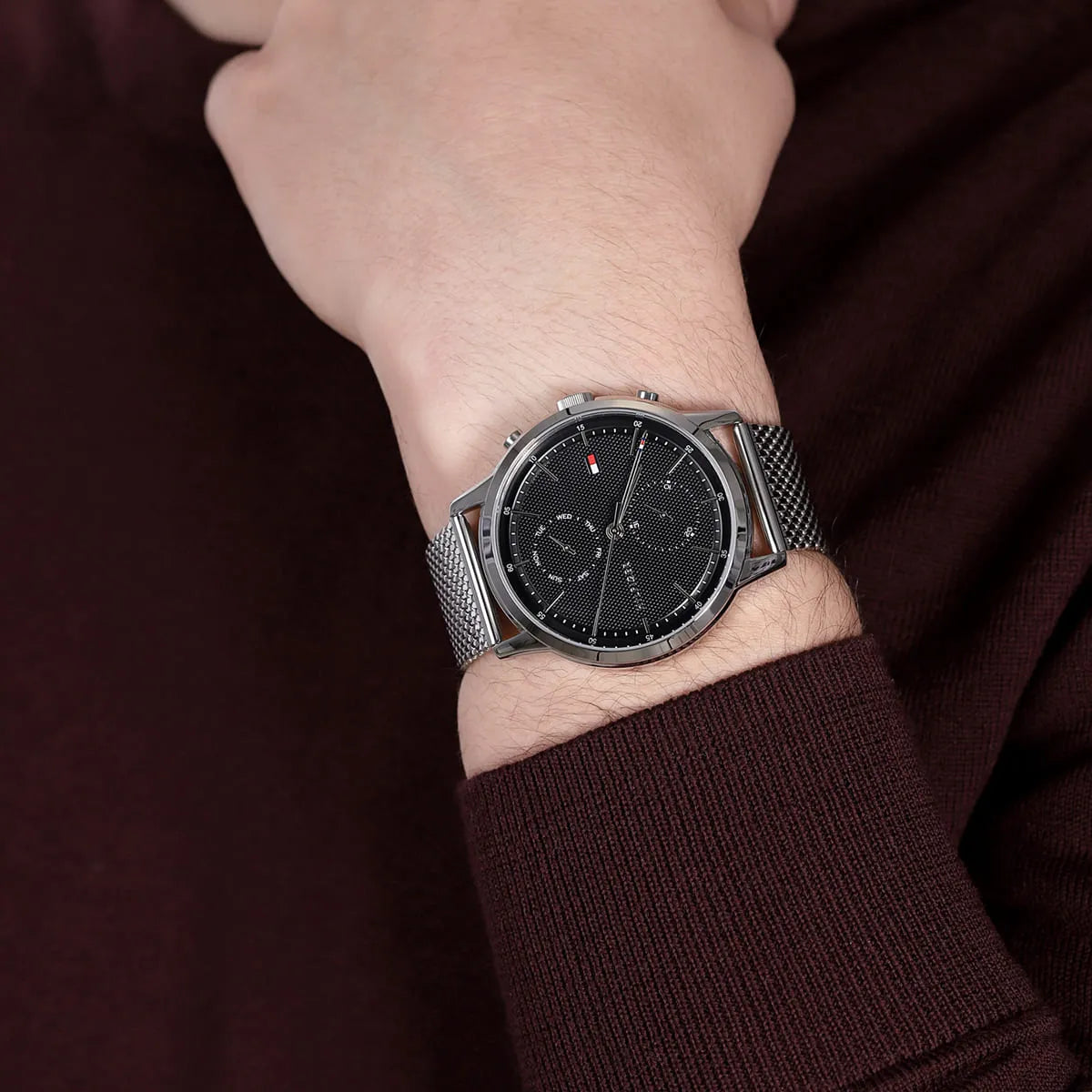 Tommy Hilfiger 1710433 chronograph watch on wrist detail shot