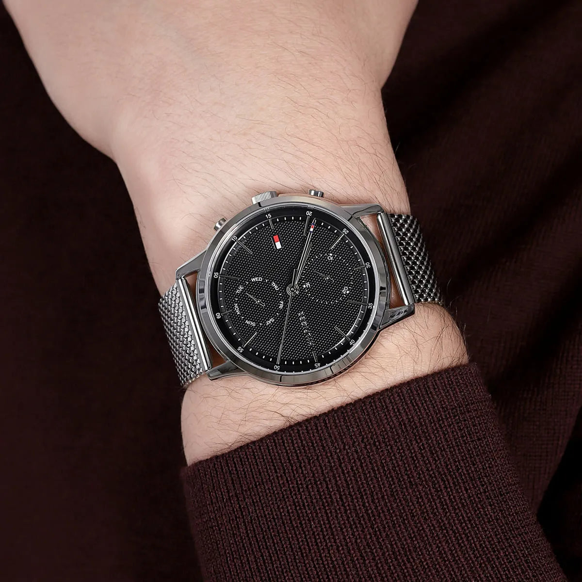 Tommy Hilfiger 1710433 watch worn on wrist with mesh band