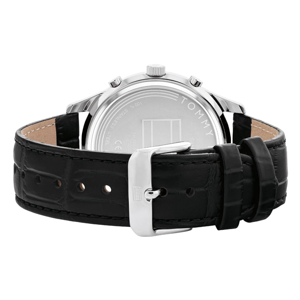 Tommy Hilfiger 1710502 caseback view with black leather strap and tan lining