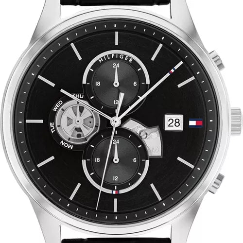 Tommy Hilfiger 1710502 dial detail showing chronograph subdials and visible balance wheel