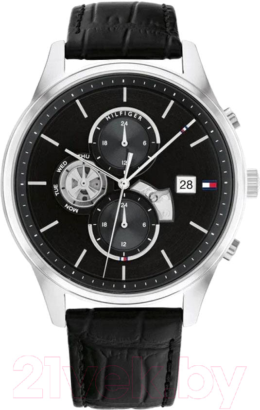 Tommy Hilfiger 1710502 black dial multifunction watch with chronograph and leather band