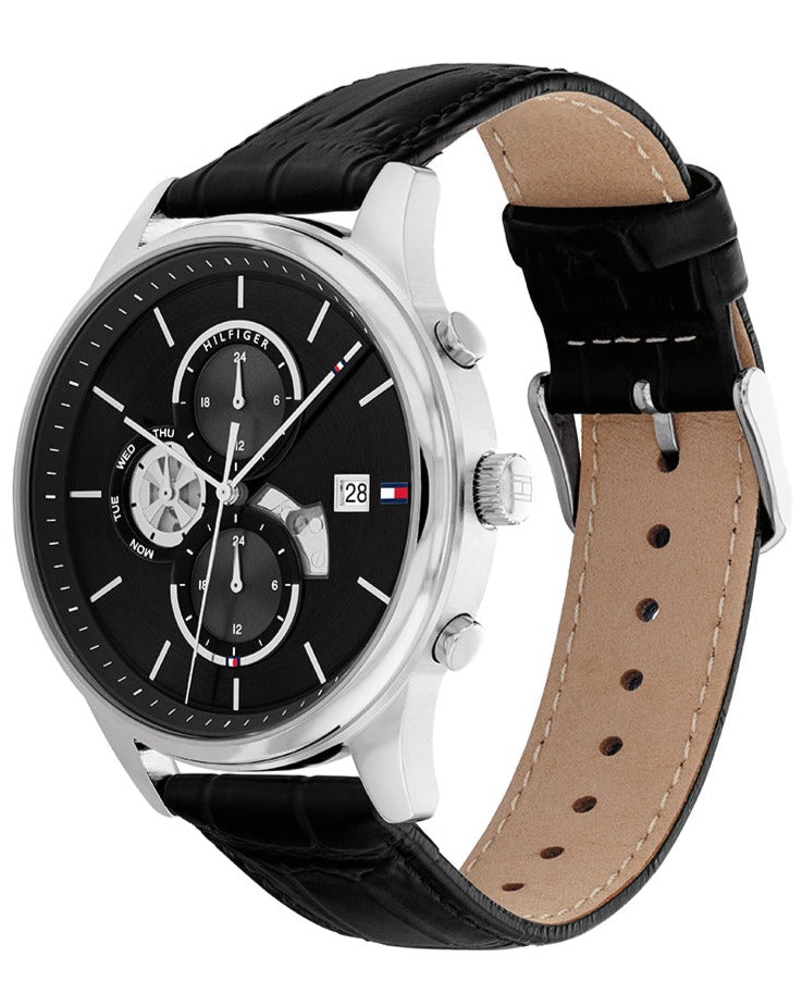 Tommy Hilfiger 1710502 side profile showing silver case and black leather band