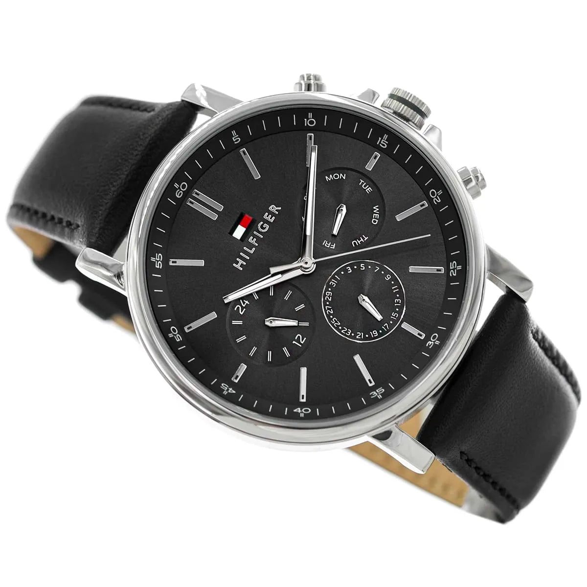 Tommy Hilfiger chronograph men's watch angled view showing dark grey dial and chronograph subdials