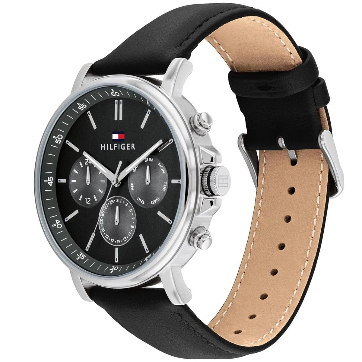 Tommy Hilfiger chronograph watch side view showing black leather strap with tan interior lining