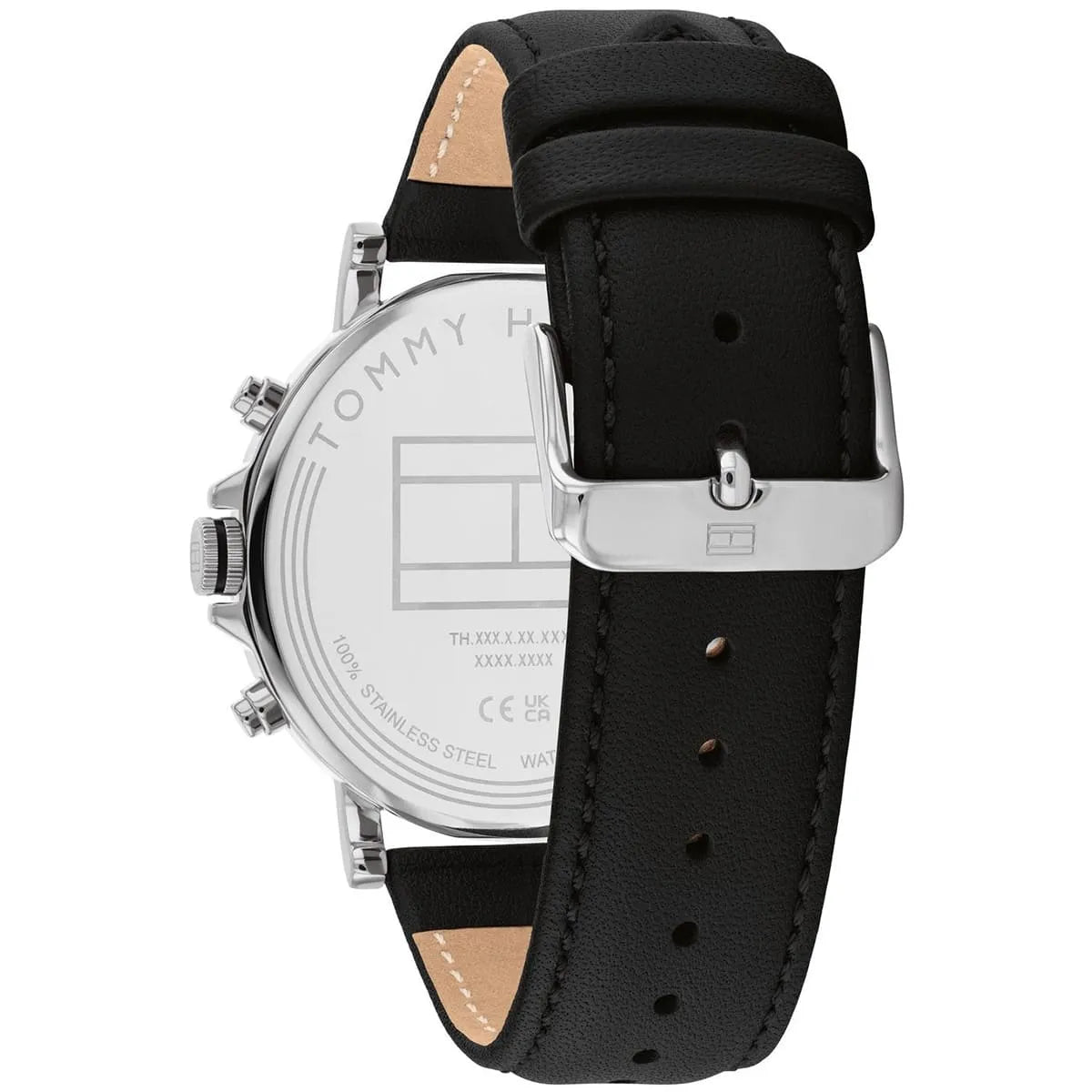 Tommy Hilfiger chronograph watch caseback detail with product information and branding