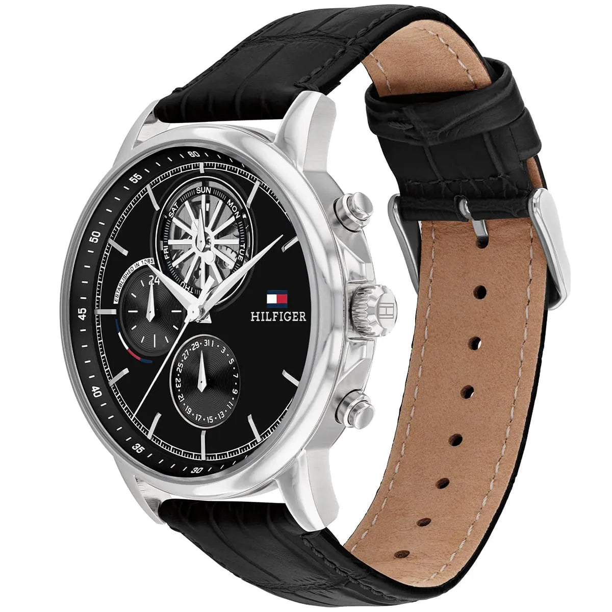 Tommy Hilfiger Stewart watch angled side view showing black croc-embossed leather strap with tan lining