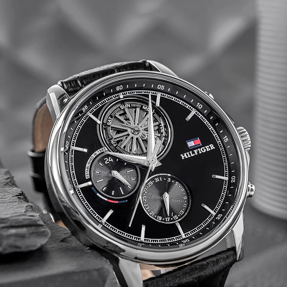 Tommy Hilfiger Stewart men's chronograph watch close-up of black dial with chronograph subdials