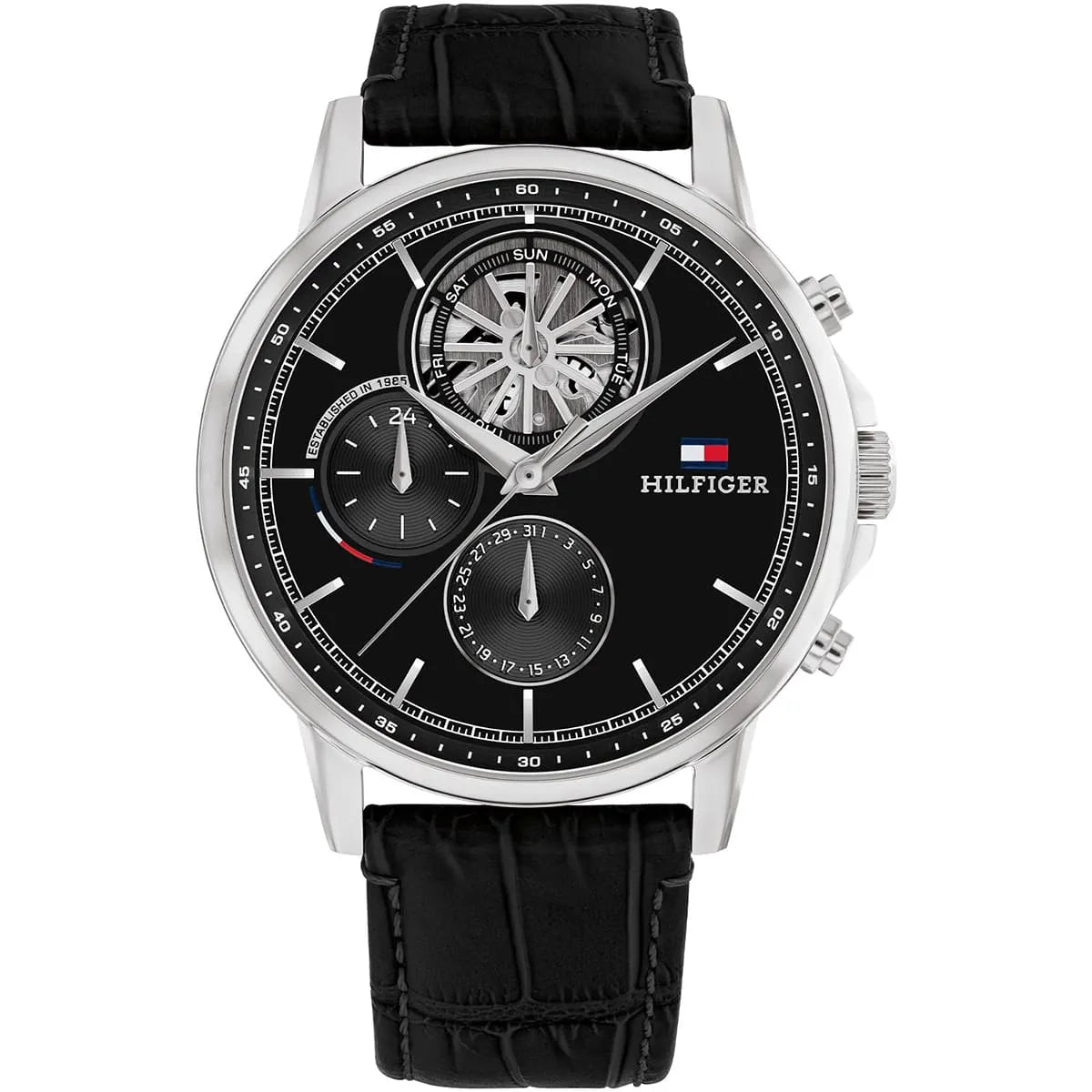 Tommy Hilfiger Stewart men's watch with black dial, chronograph subdials, and black leather strap