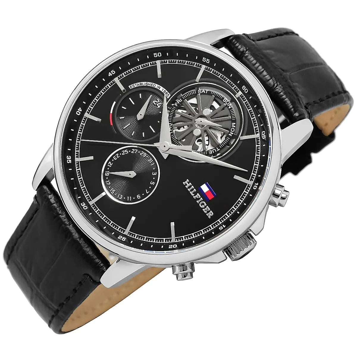Tommy Hilfiger Stewart chronograph watch worn on wrist with black dial and chronograph subdials visible