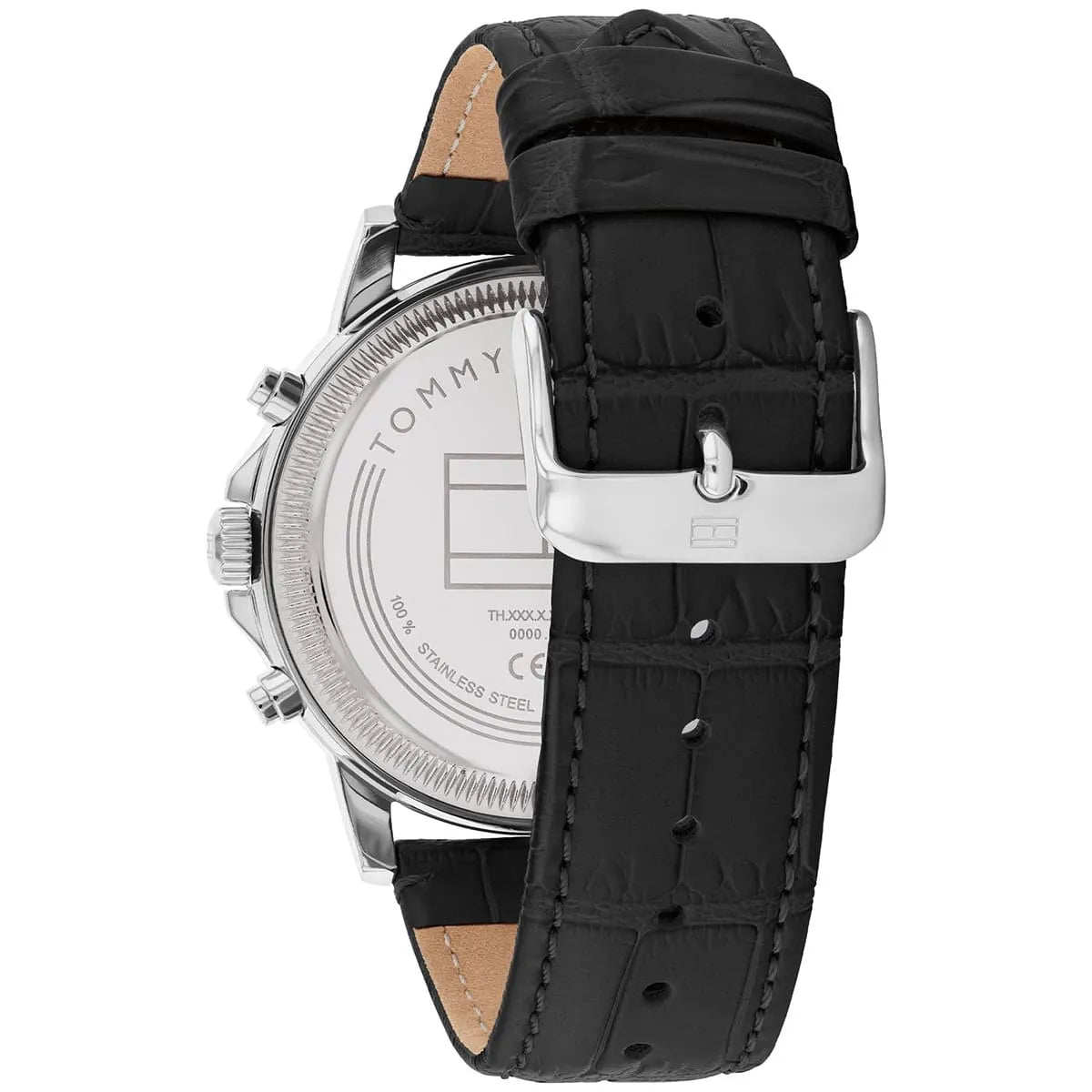 Tommy Hilfiger Stewart watch side view displaying case depth and black leather strap with tan backing