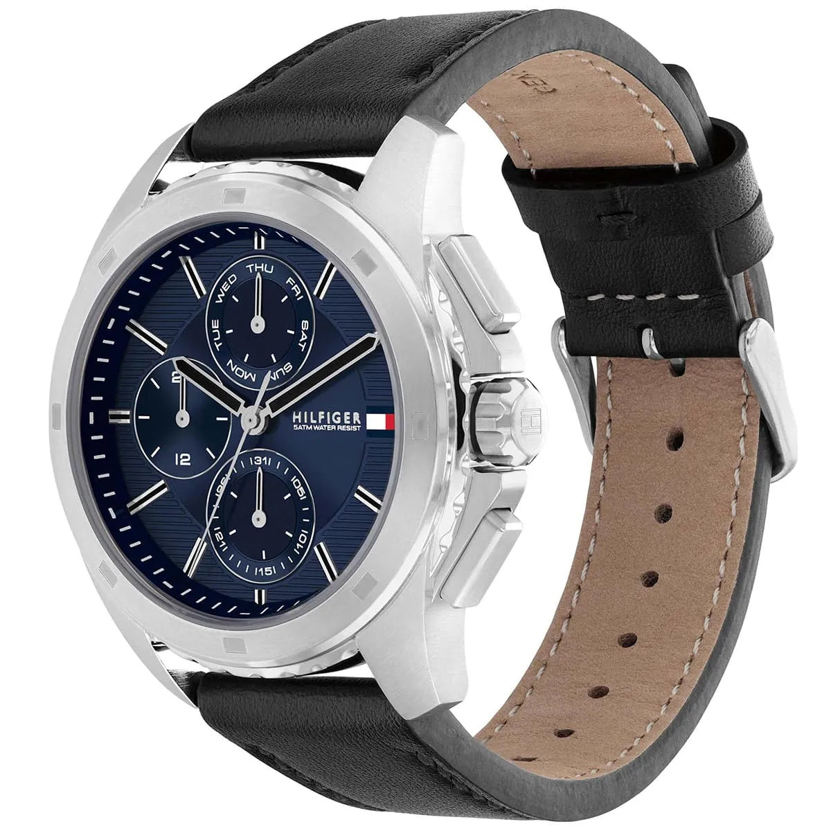 Tommy Hilfiger watch 3/4 view showing black leather strap and tan leather lining