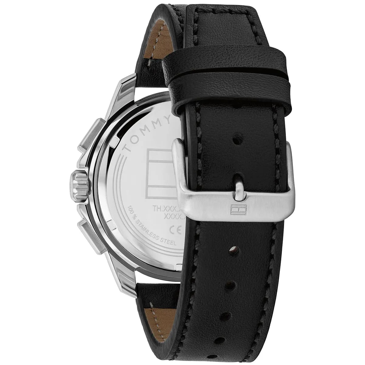 Tommy Hilfiger watch caseback displaying black leather strap with white stitching