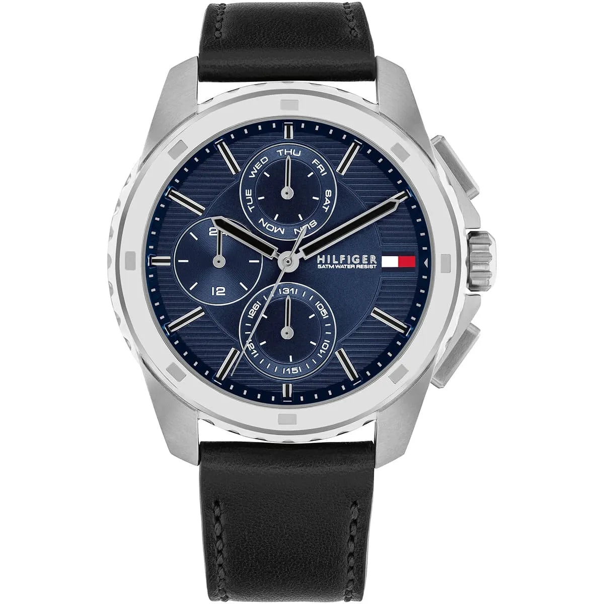 Tommy Hilfiger men's chronograph watch with navy multi-function dial and black leather strap