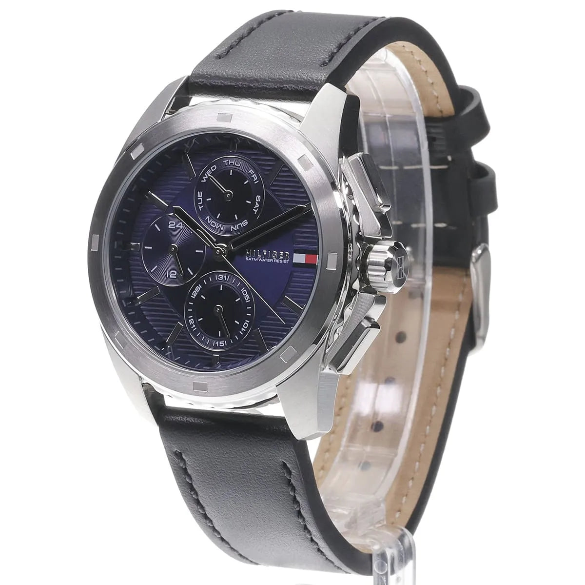 Tommy Hilfiger watch side profile showing case thickness and black leather strap