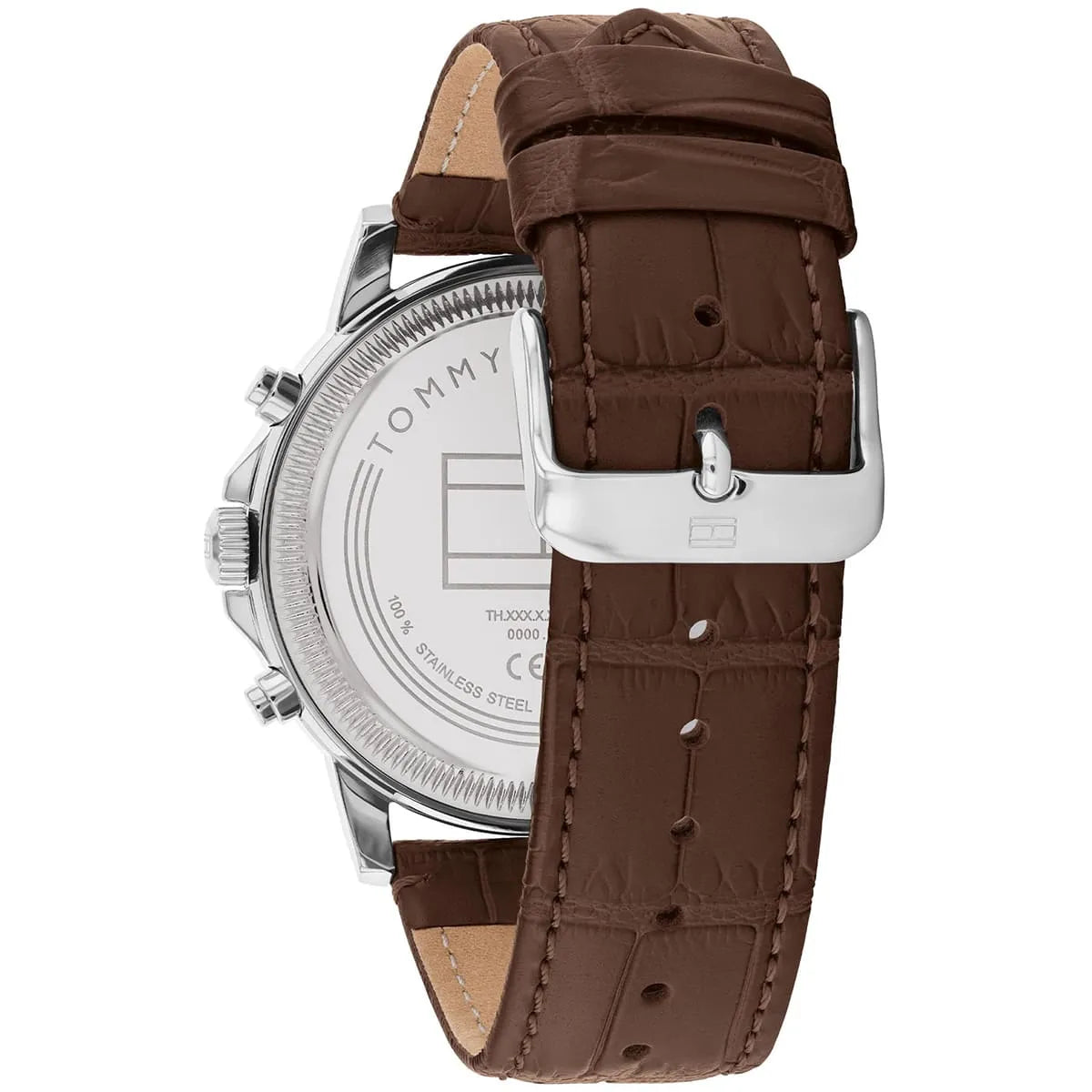 Tommy Hilfiger Stewart watch caseback showing stainless steel case and leather strap detail