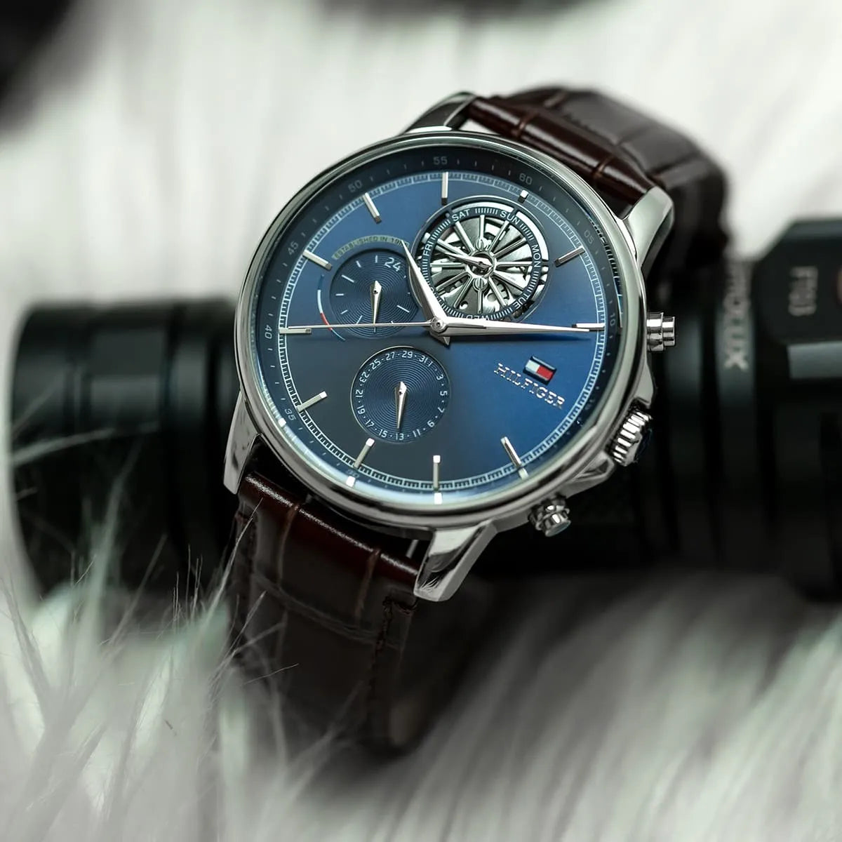 Tommy Hilfiger Stewart multifunction watch front view with chronograph and navy blue dial
