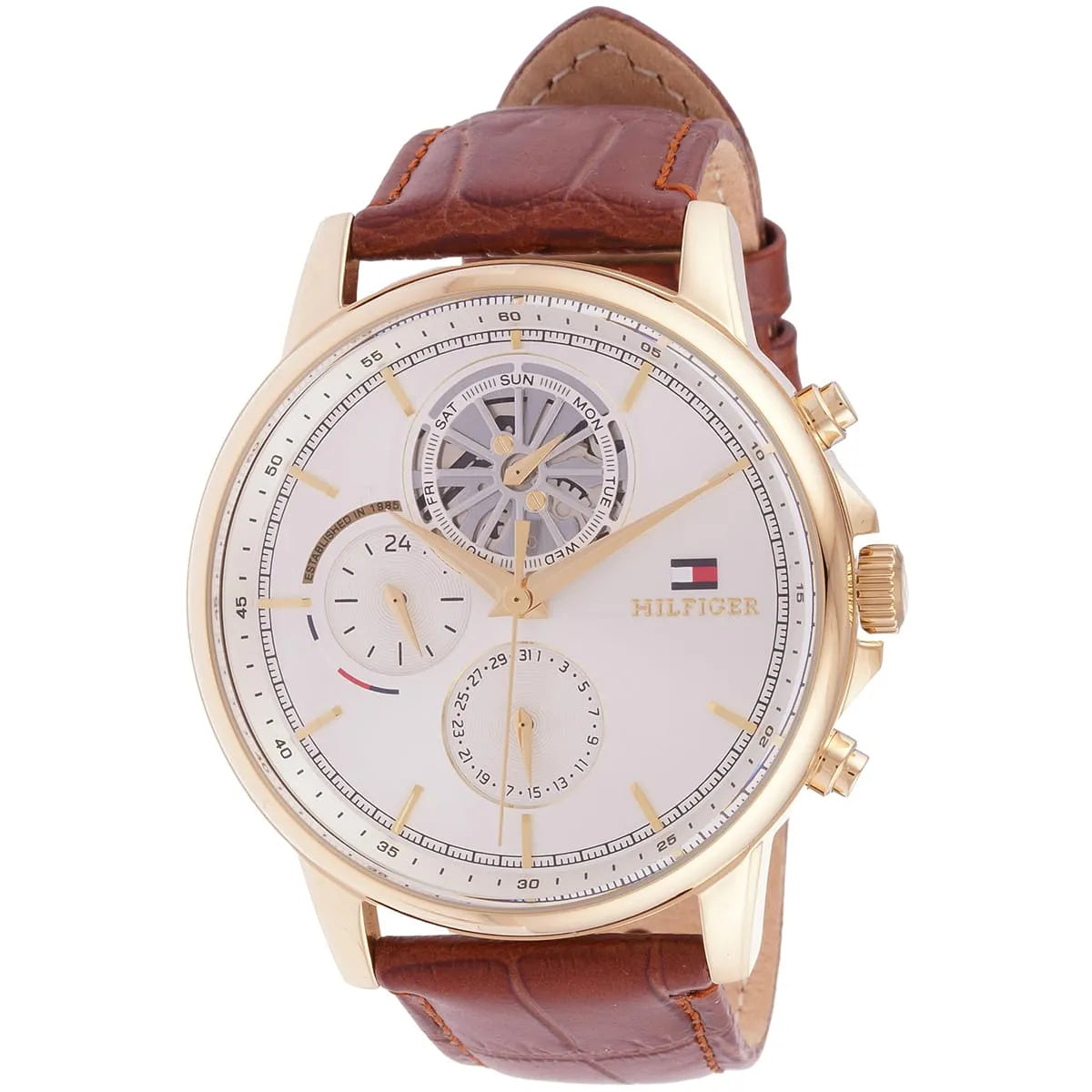 Angled view of Tommy Hilfiger STANCE multifunction watch with three subdials and leather strap