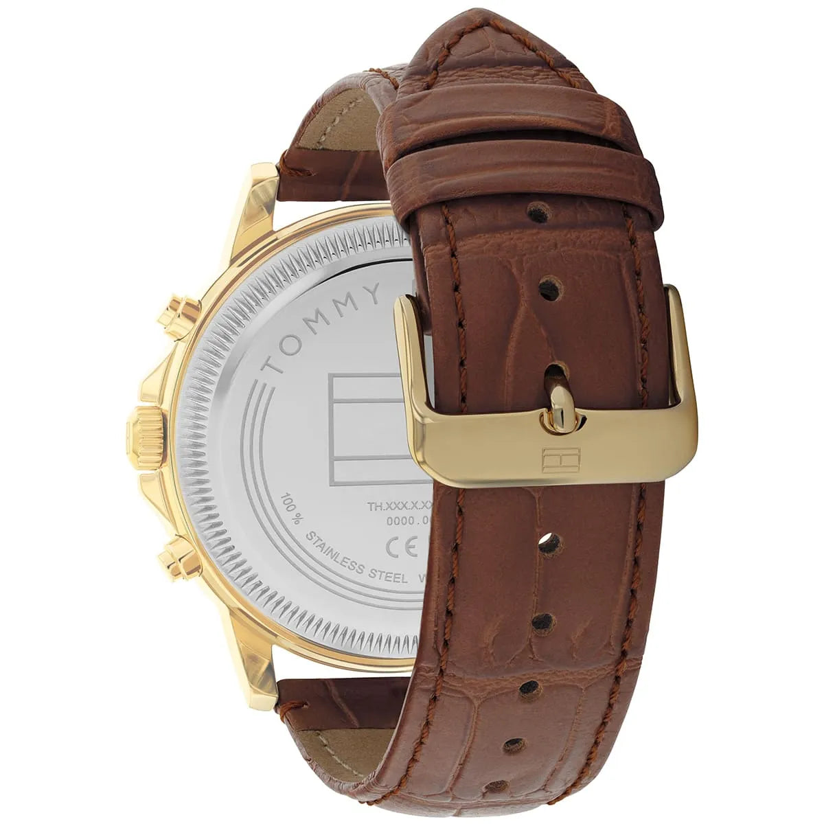 Caseback view of Tommy Hilfiger STANCE watch showing leather strap and buckle