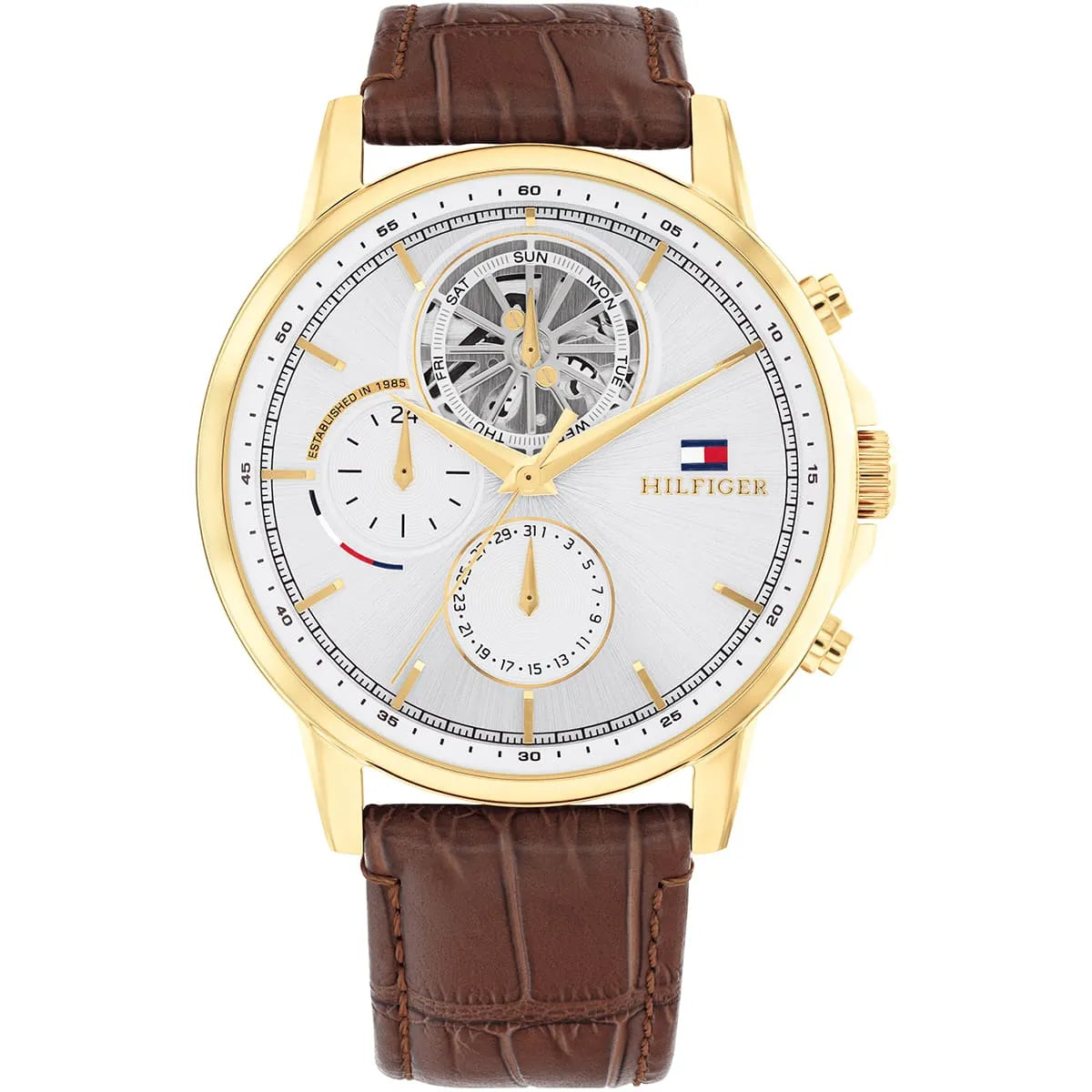 Tommy Hilfiger STANCE white dial chronograph watch with gold case and brown leather strap