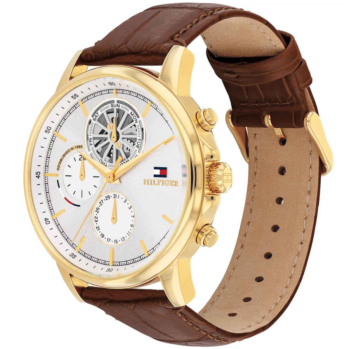 Side view of Tommy Hilfiger STANCE watch showing leather strap and case profile