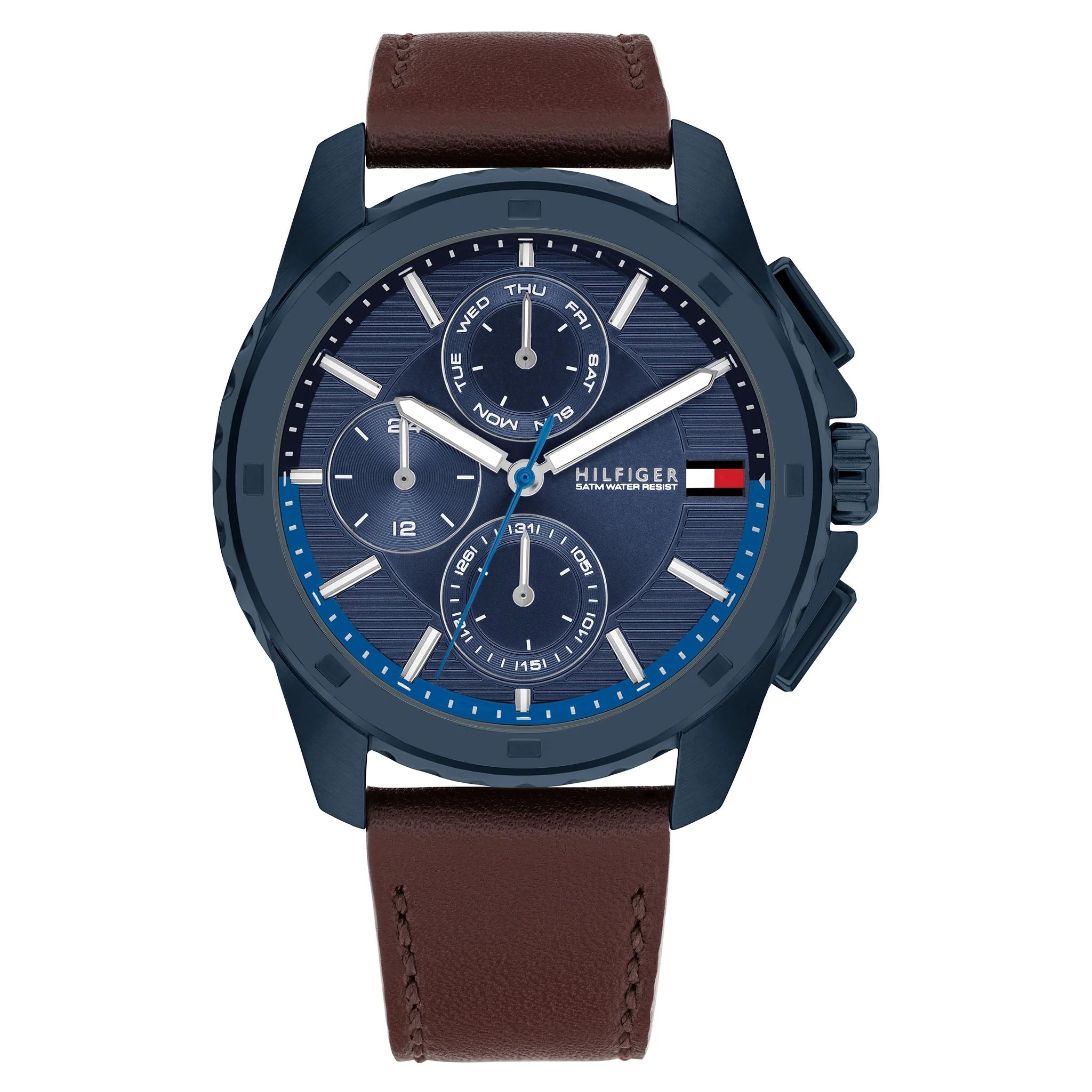 Tommy Hilfiger chronograph watch with navy dial, blue subdials, dark blue case, and brown leather strap