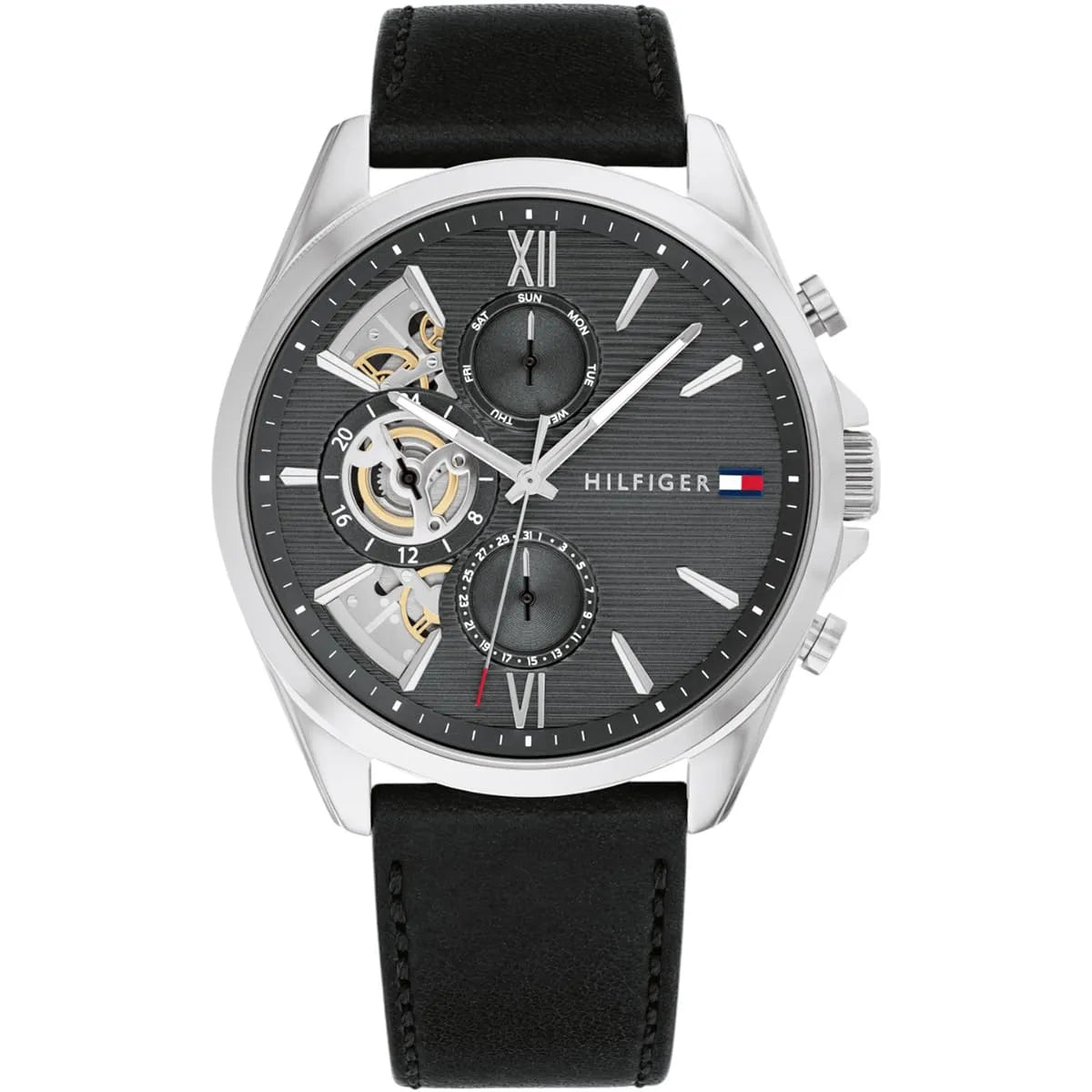 Tommy Hilfiger Damon watch with gray dial, skeleton movement, Roman numerals, and black leather strap