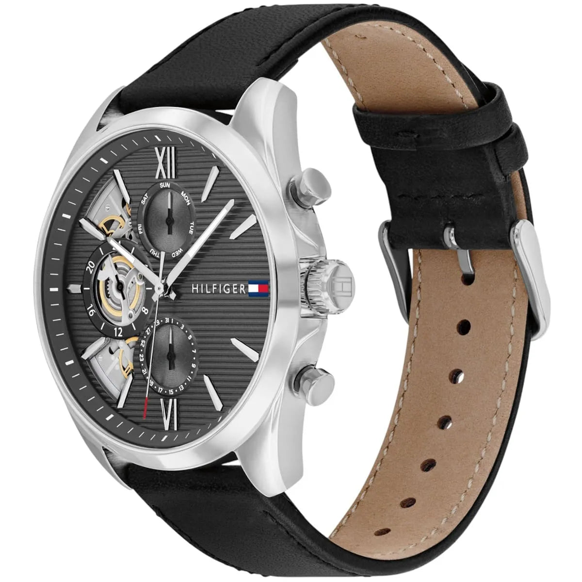Side view of Damon chronograph watch showing steel case, black leather strap with tan lining, and pushers