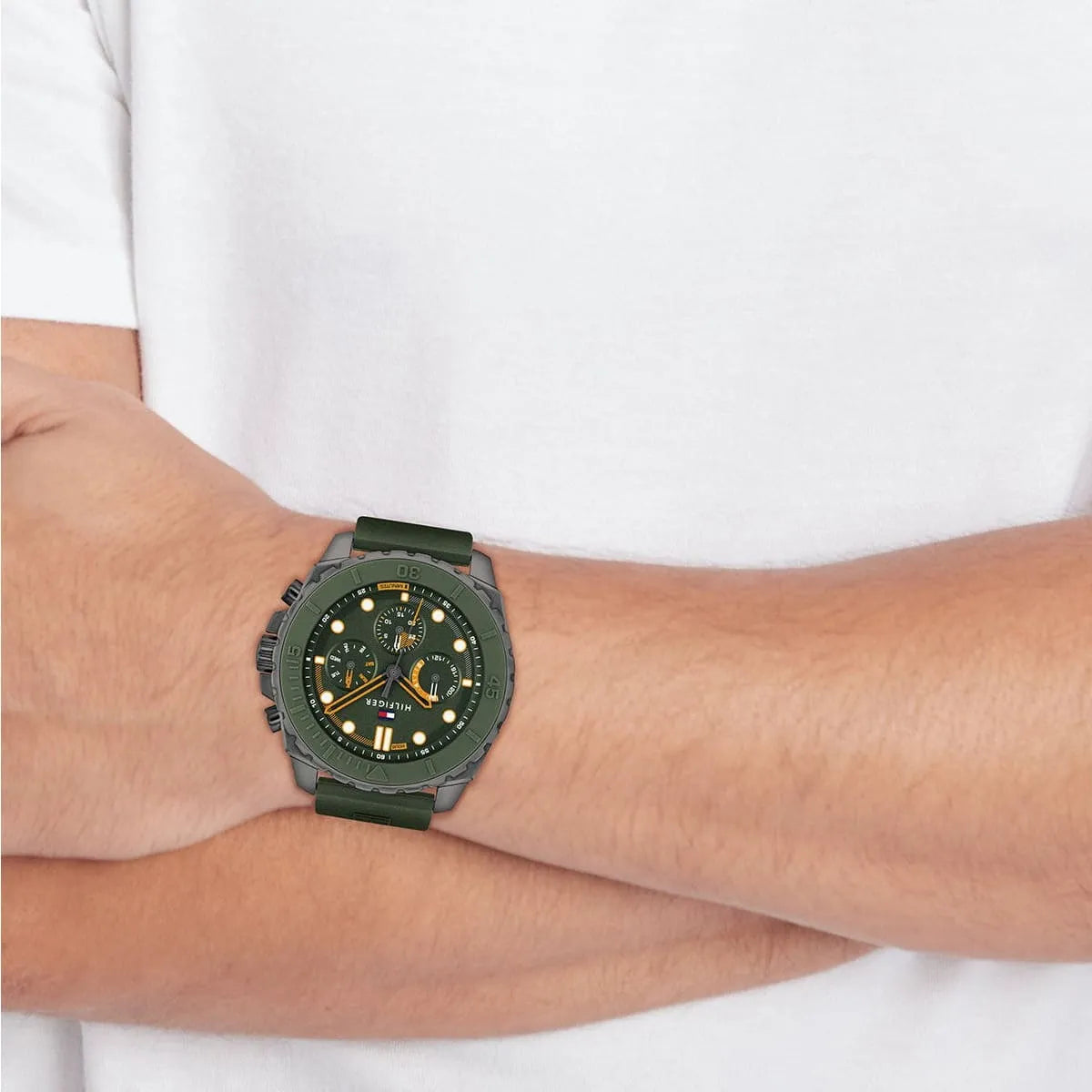 Tommy Hilfiger Morgan green chronograph watch worn on wrist