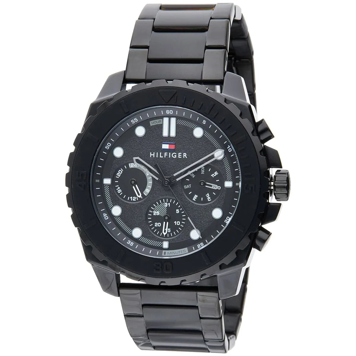 Tommy Hilfiger chronograph watch at angle showing black case and bracelet