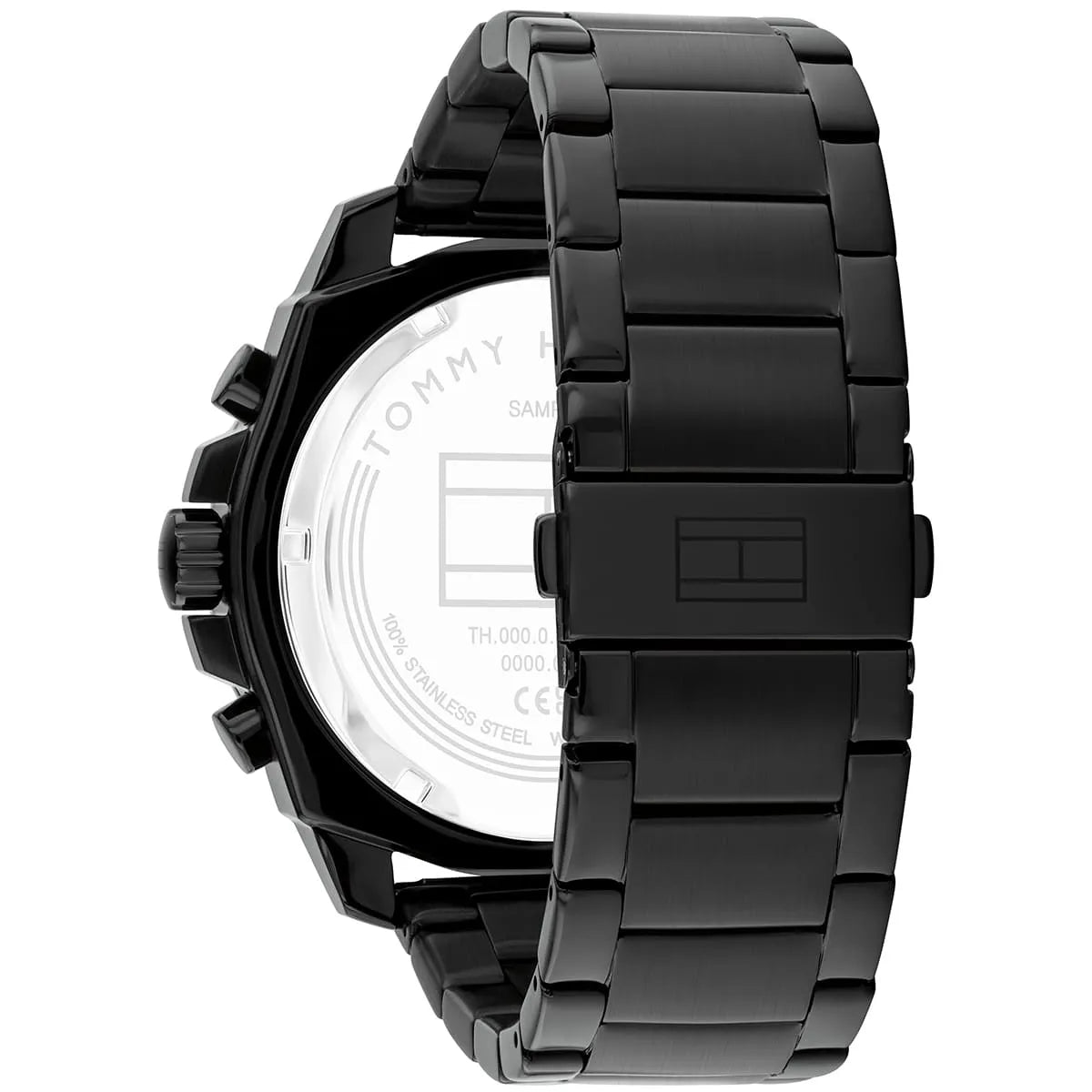 Caseback of Tommy Hilfiger chronograph watch showing movement and steel construction