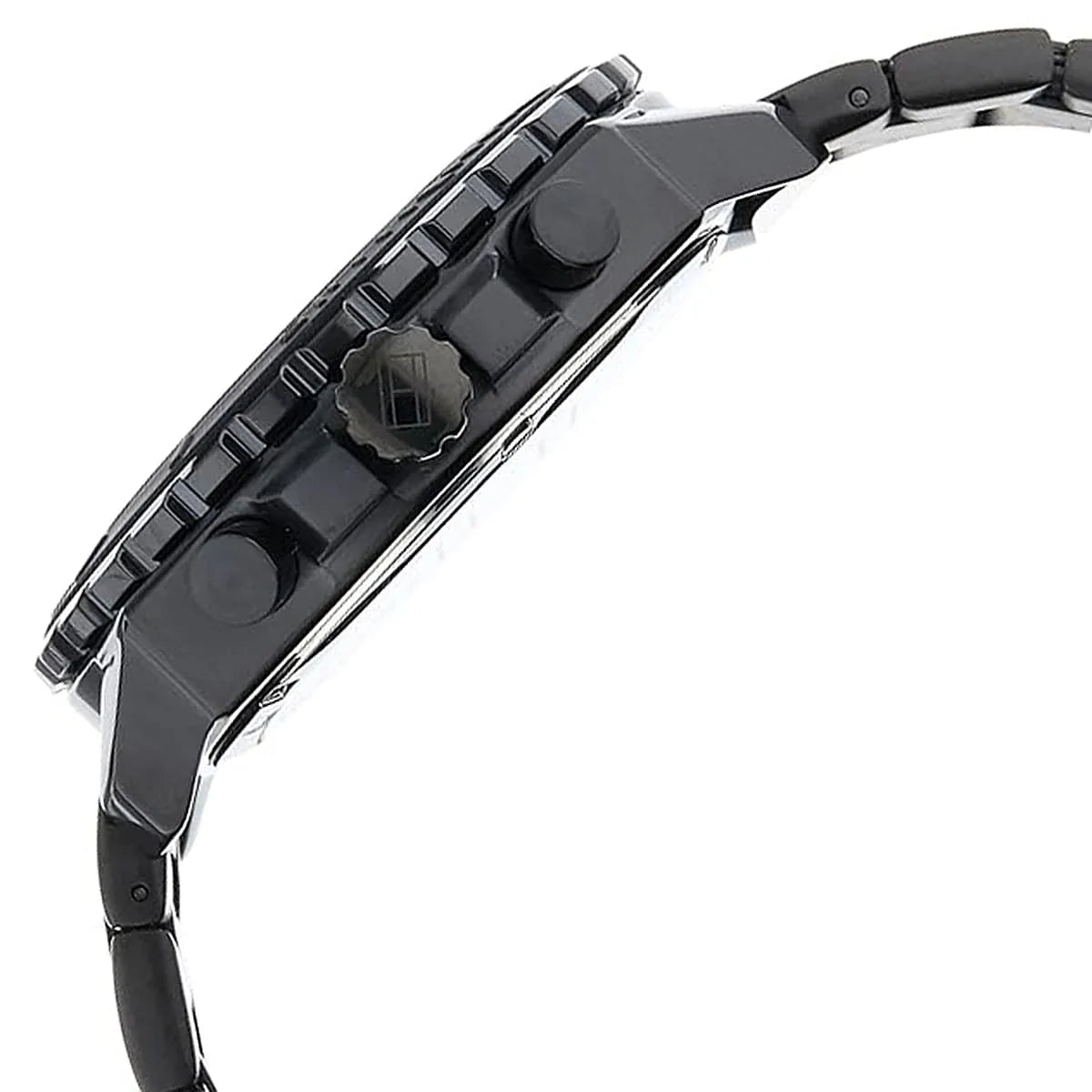 Side profile of Tommy Hilfiger chronograph displaying pushers and black silicone strap