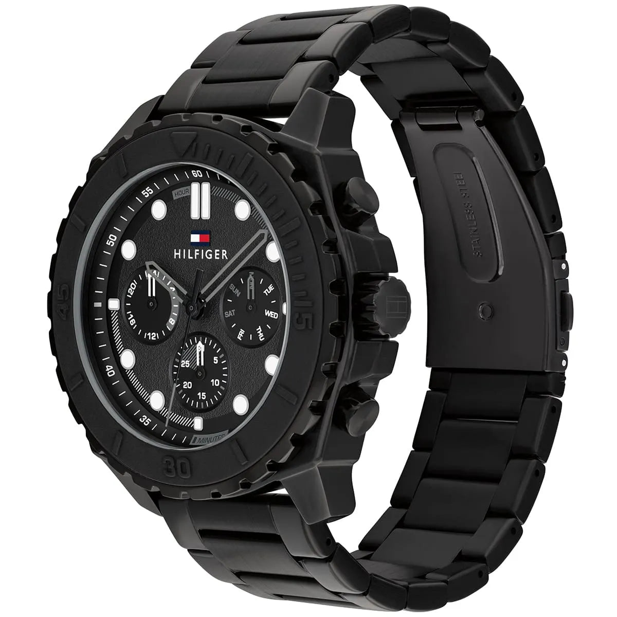 Side view of Tommy Hilfiger chronograph with black ionic plated case and bracelet