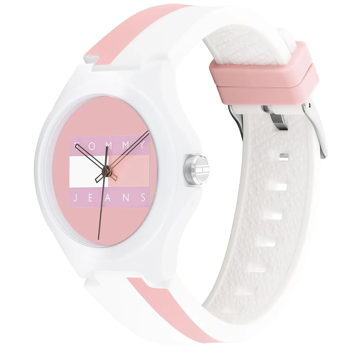 Tommy Hilfiger Jeans watch side view showing white case and pink and white striped rubber strap