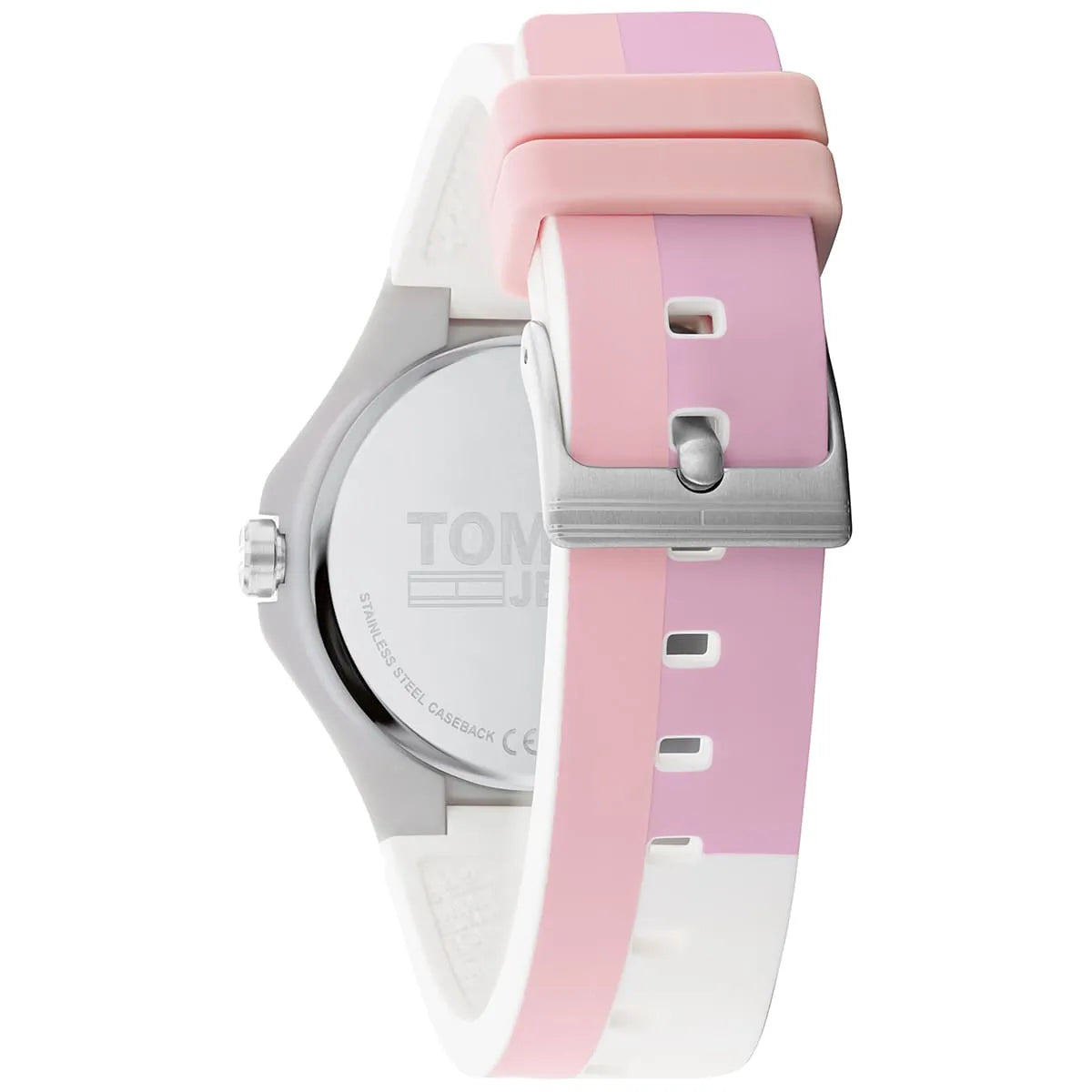 Tommy Hilfiger Jeans watch rubber strap detail showing pink and white color blocks
