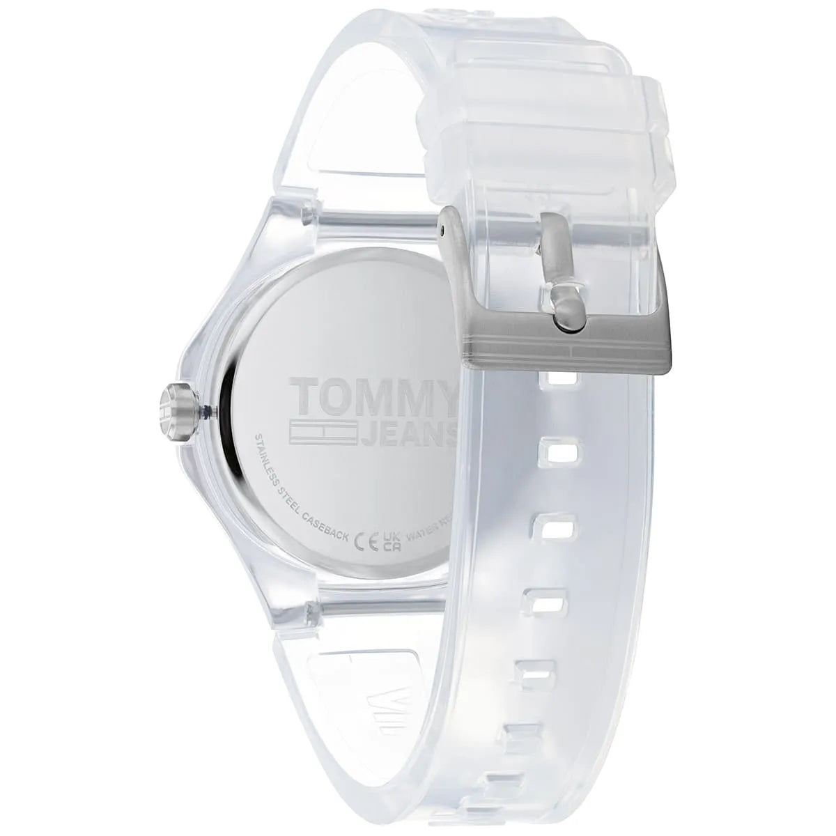 Tommy Hilfiger Jeans watch side view showing transparent rubber strap and metal buckle