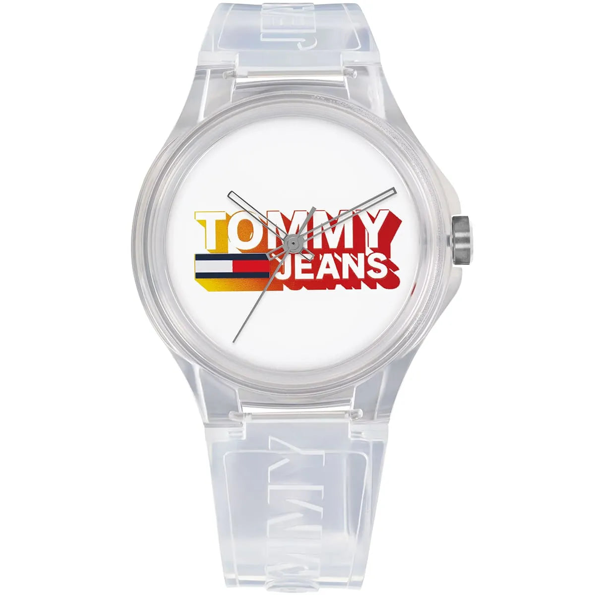Tommy Hilfiger Jeans unisex watch with white dial, Tommy Jeans logo, and transparent rubber strap