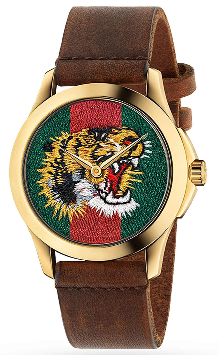 Gucci Le Marche Des Merveilles Red & Green Dial Brown Leather Strap Unisex Watch YA126497 - Image 1