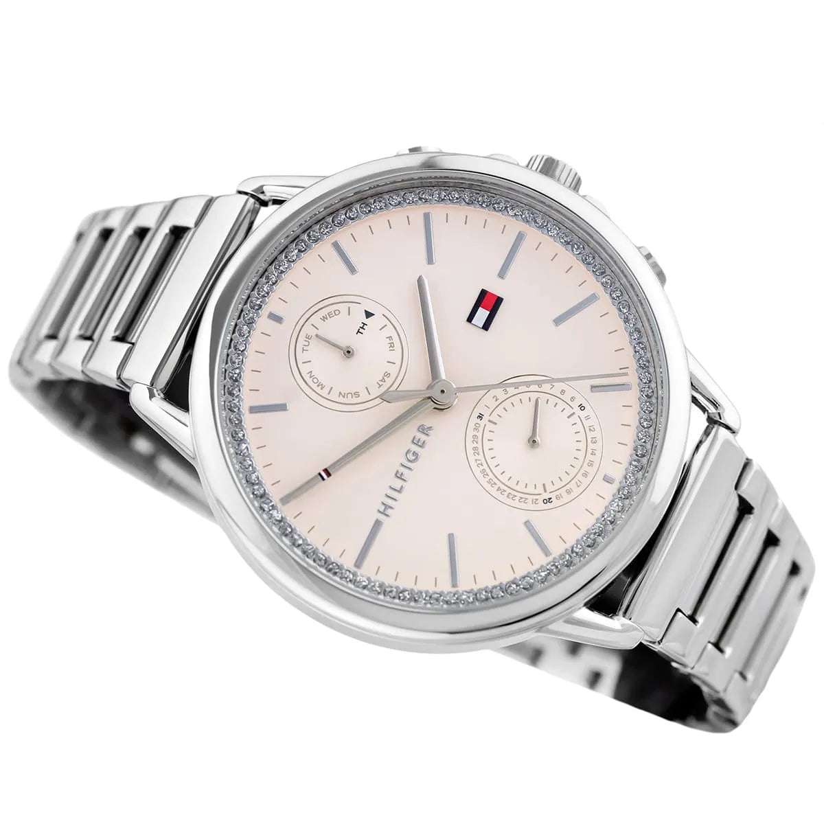 Tommy Hilfiger Carly watch displayed at angle on metal bracelet