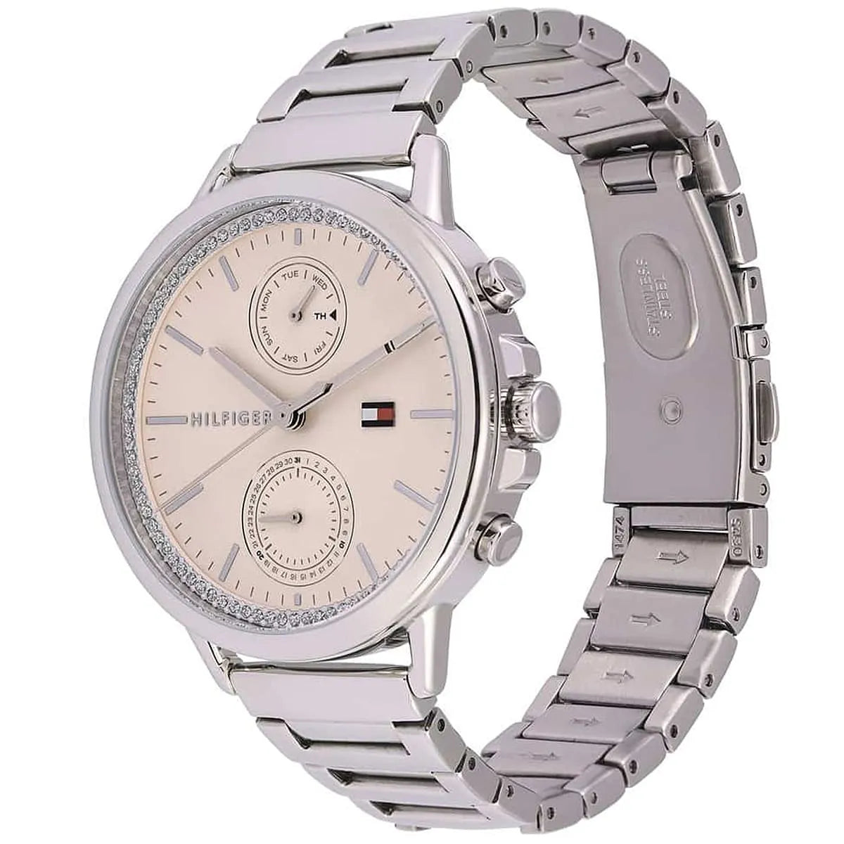 Side angled view of Tommy Hilfiger Carly watch showing crystal bezel and stainless steel bracelet