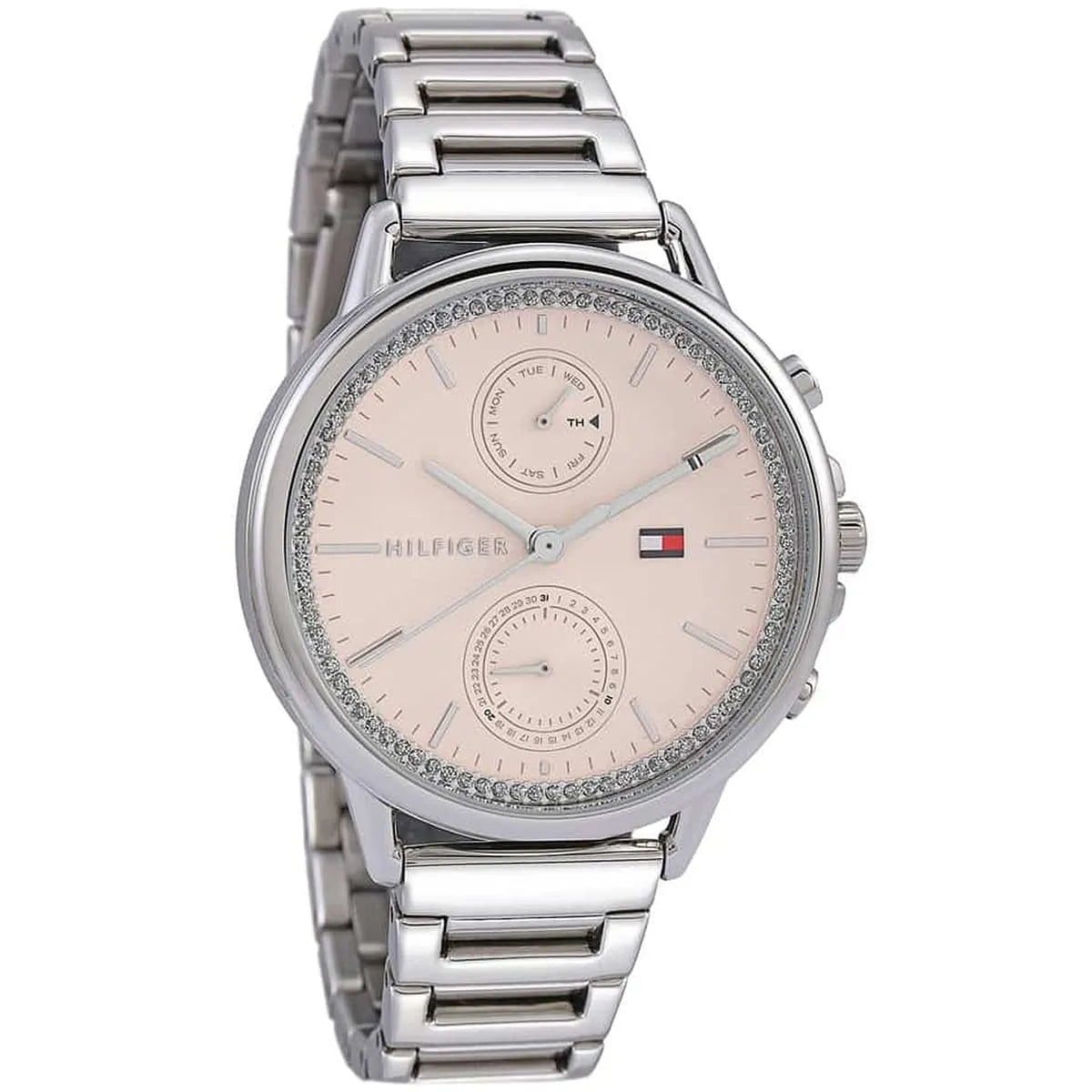 Front view of Tommy Hilfiger Carly watch with blush face, dual subdials, and Tommy Hilfiger logo