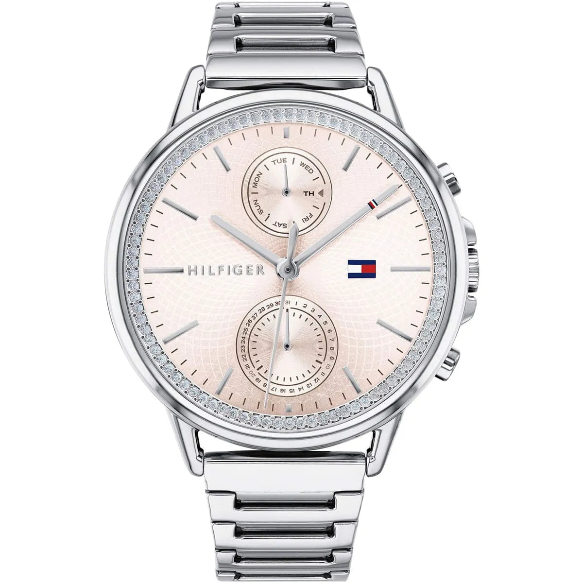 Tommy Hilfiger Carly women's watch with blush dial, crystal bezel, dual subdials, and stainless steel strap