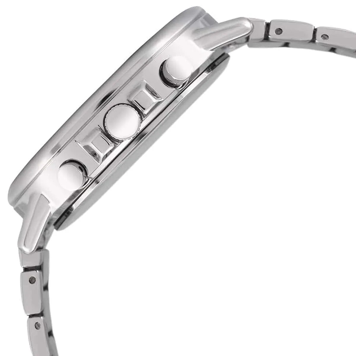 Side profile of Tommy Hilfiger Carly watch showing pushers and bracelet