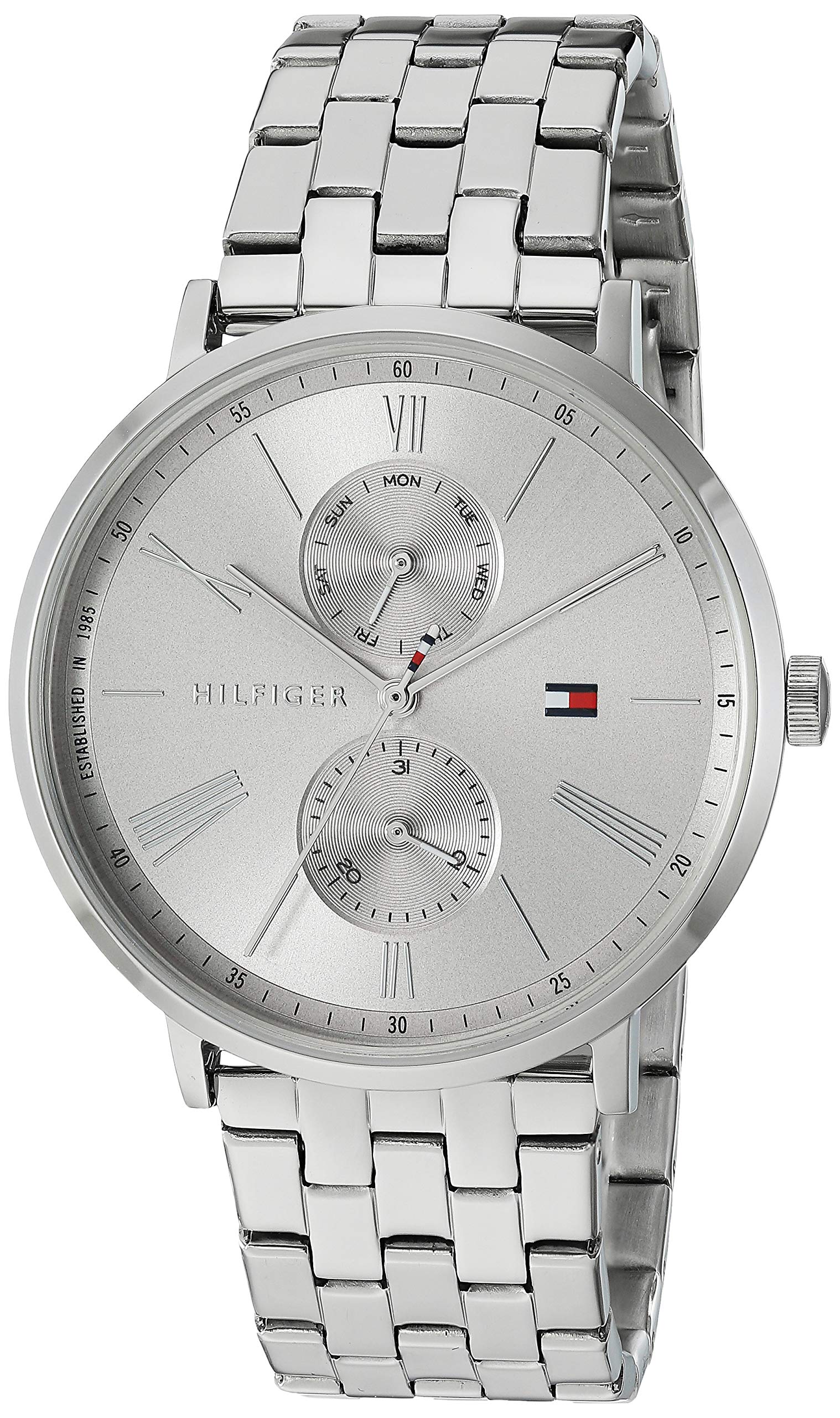 Tommy Hilfiger women's watch three-quarter view showing stainless steel bracelet and multi-function dial
